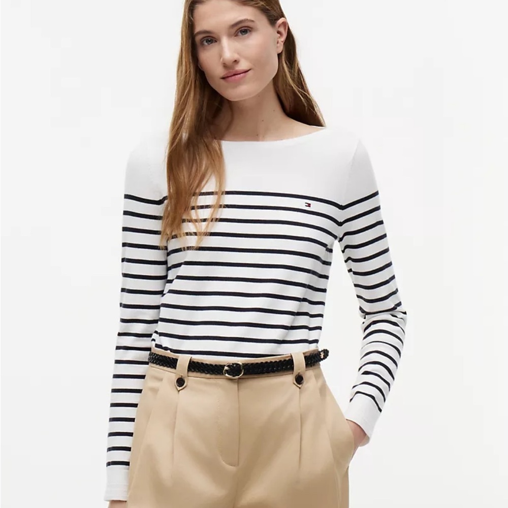 Tommy Hilfiger Blue and White Striped Long Sleeve Boatneck Sweater